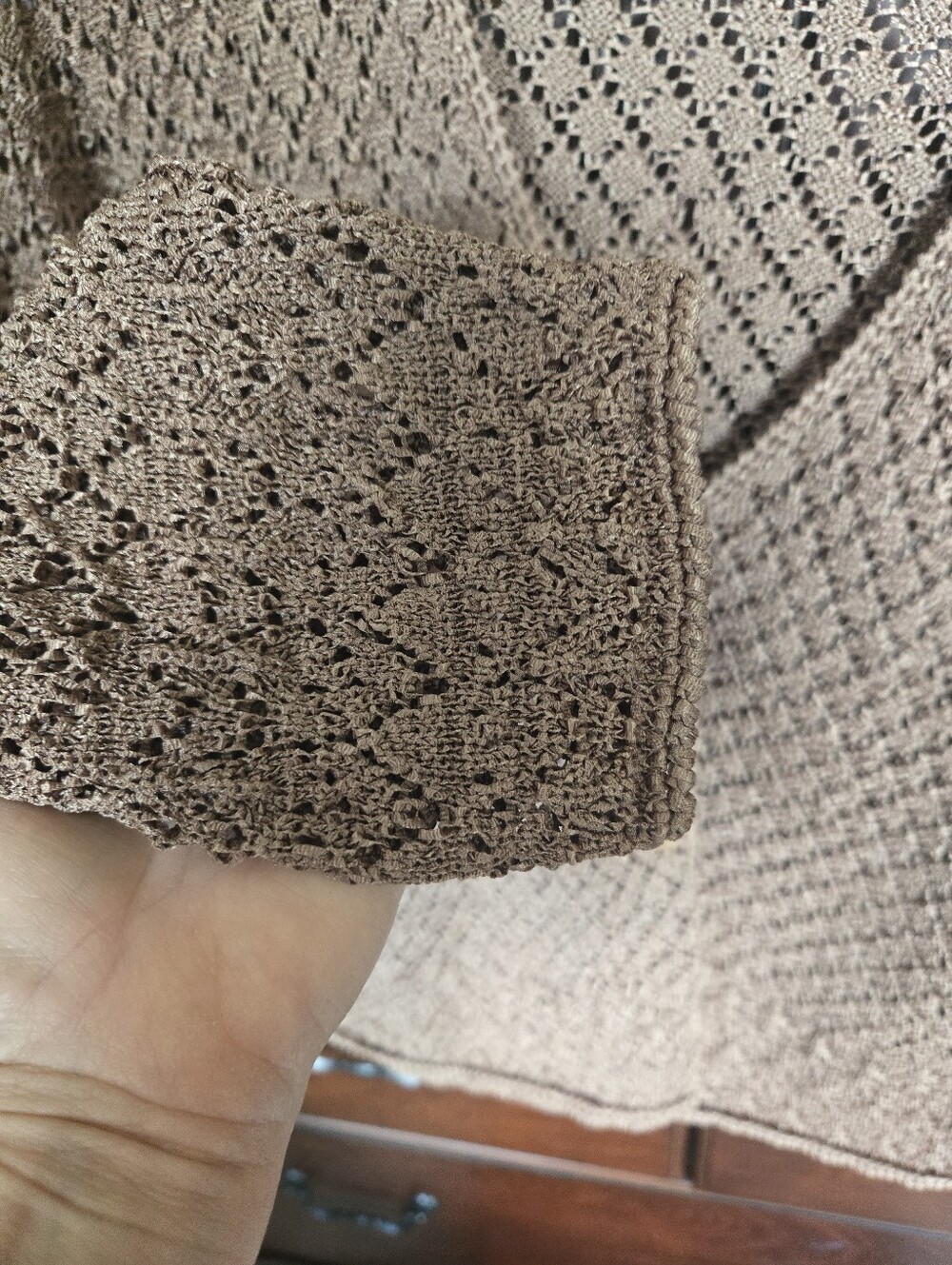 Crochet Knit Bronze V-Neck Cardigan Sweater, Sz. L - Picture 6 of 10